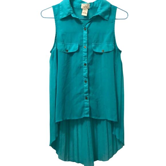 Eyelash Couture Sheer High-Low Teal Collar Tank Top XS - Picture 3 of 6